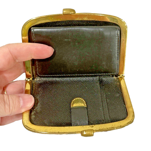 Vintage Coin Purse Black Moc Croc Leather Brass Hardware Snap Closure Wallet - Picture 4 of 9